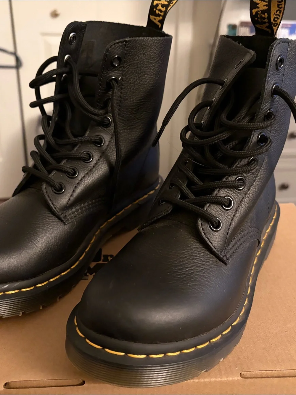 Dr. Martens Black Leather Lace-Up Boots with Yellow Stitching
